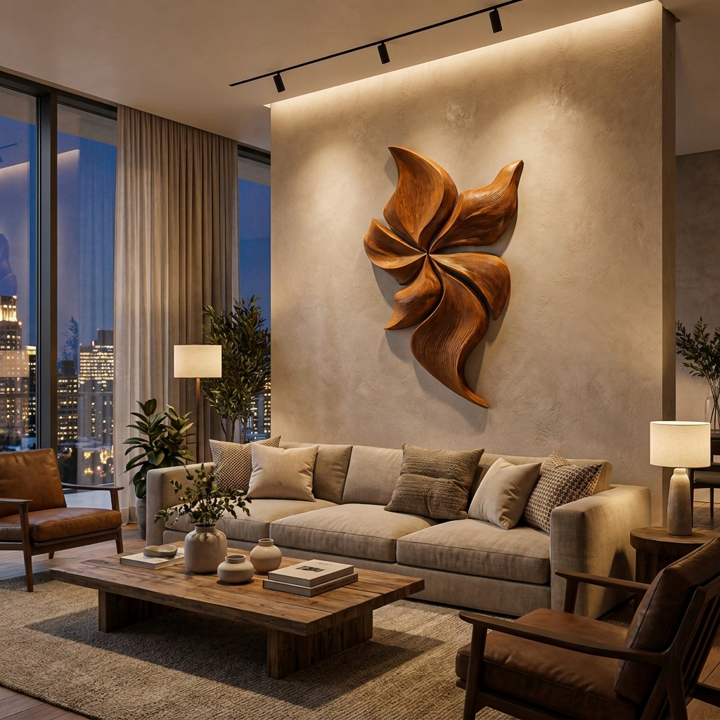 Modern Wooden Wall Art With Floral Inspired Sculpture For Living Room