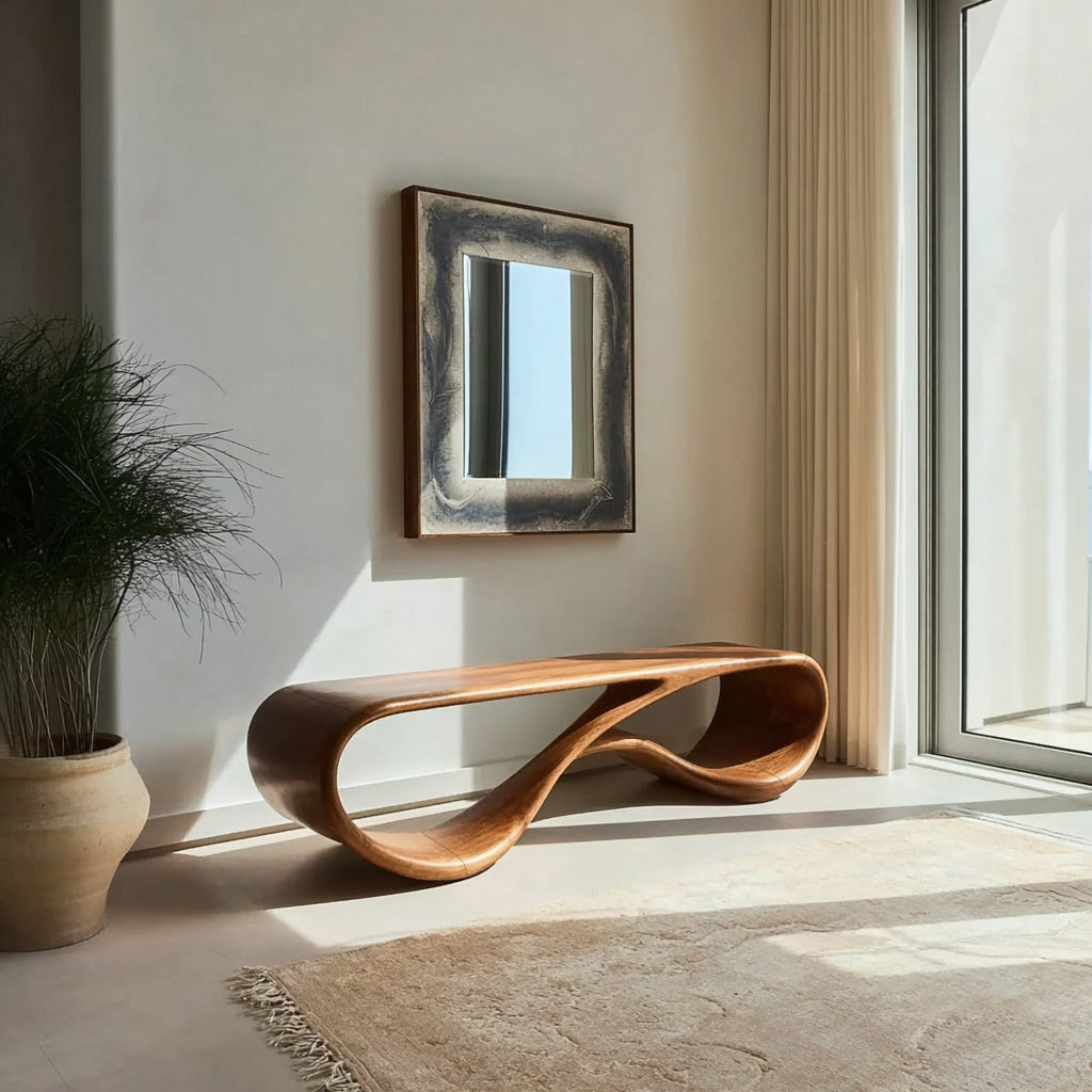 Modern Sculptural Natural Wood Bench For Entryway Decor Space