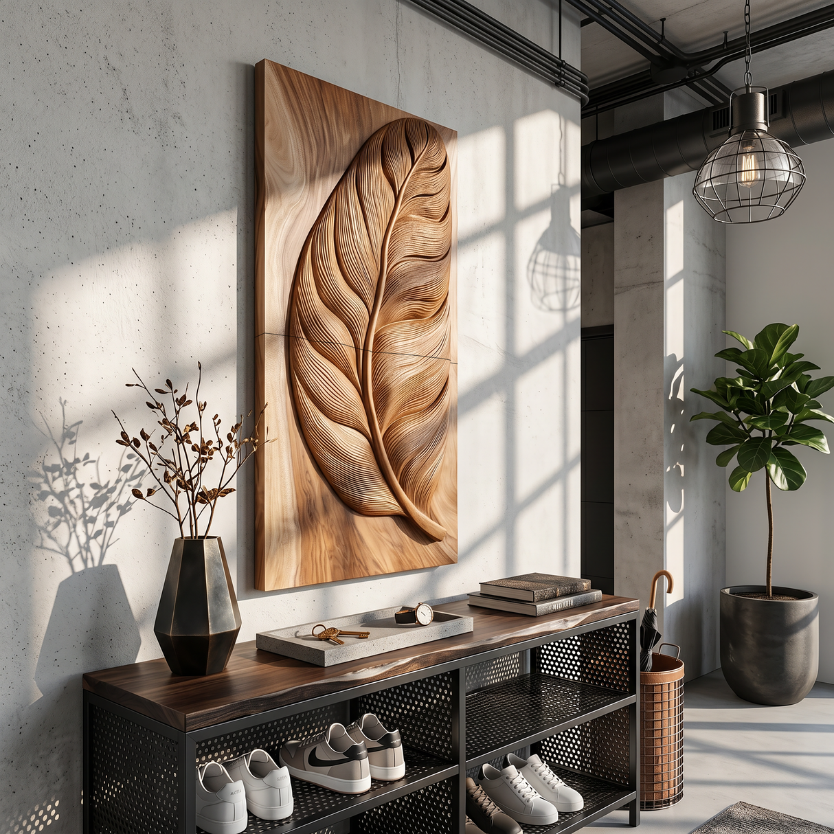 Rustic Wall Art With Carved Leaf Design For Entryway