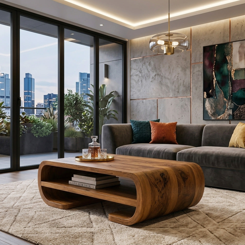Contemporary Organic Coffee Table With Storage Shelf For Living