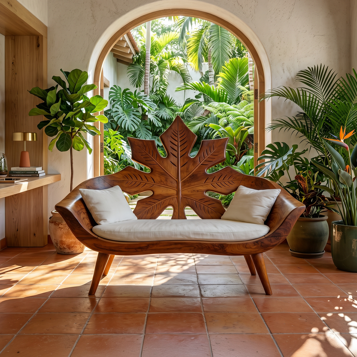 Modern Maple Leaf Carved Bench For Patio Interior Area