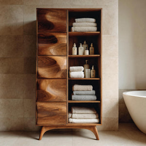 Sculpted Wood Bathroom Cabinet With Wavy Doors For Spa Decor