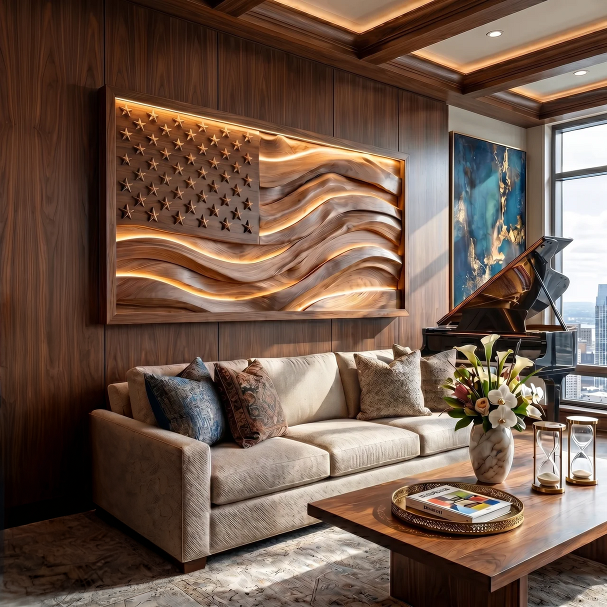 Illuminated American Flag Wood Wall Art Elegant Office Interior Decor