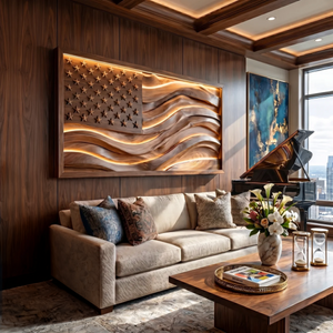 Illuminated American Flag Wood Wall Art Elegant Office Interior Decor