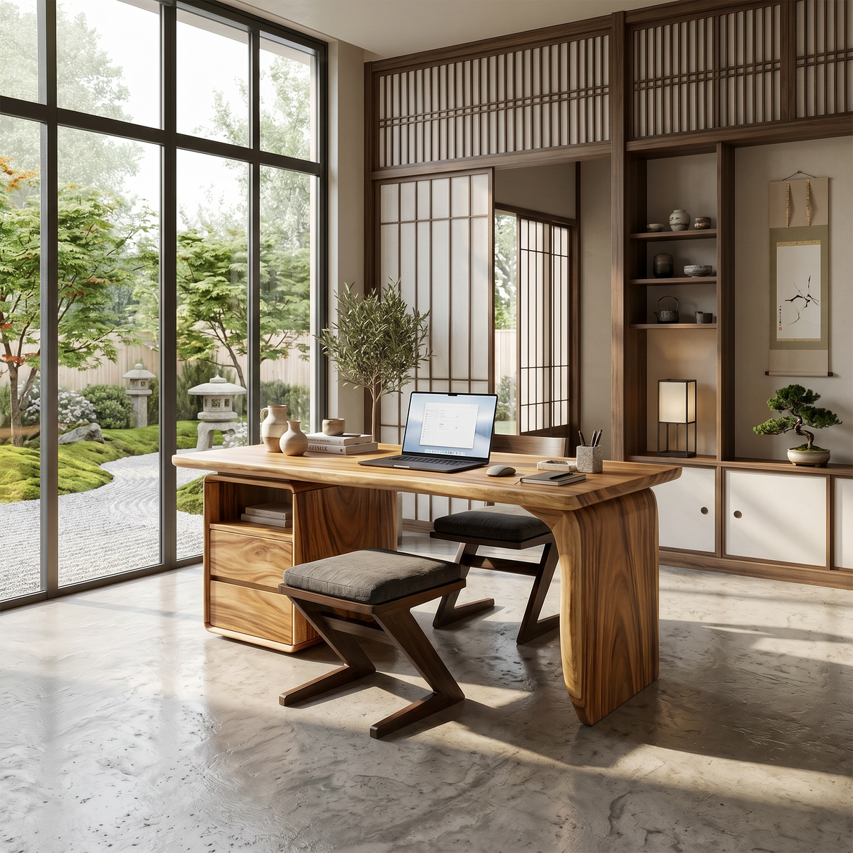 Japandi Study Desk With Curved Legs For Zen Office Room