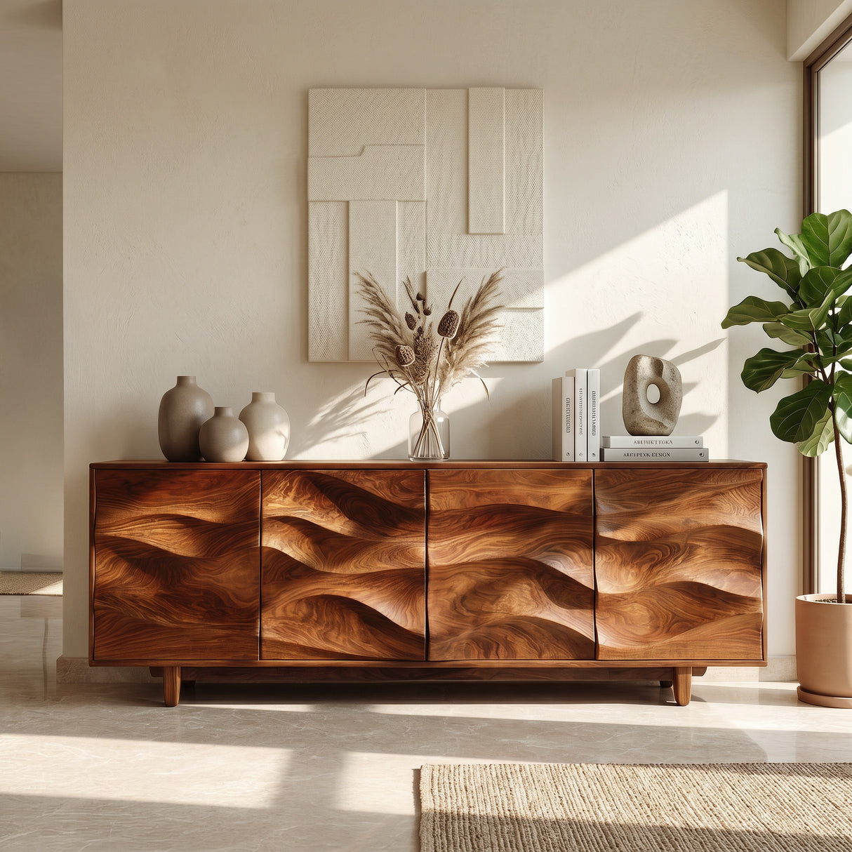 Rustic Wooden Sideboard With Undulating Doors For Living Room