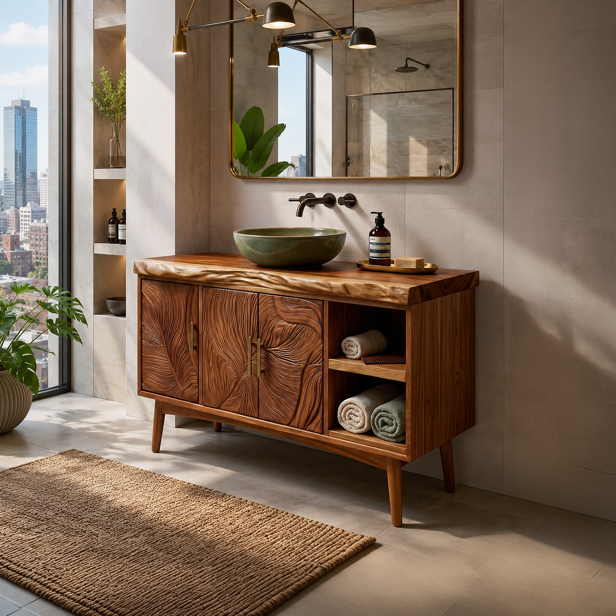 Urban Wooden Sink Vanity With Carved Doors Master Bathroom