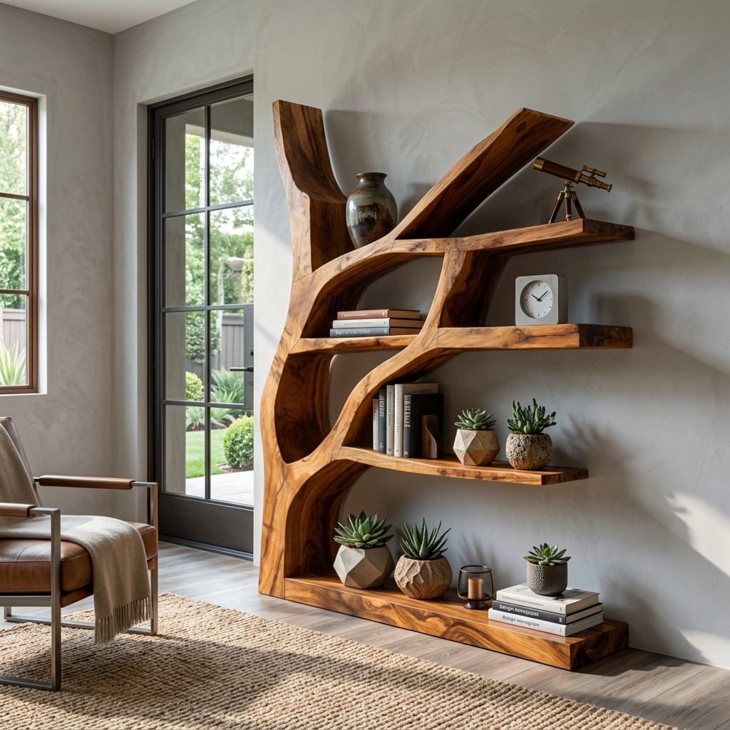Contemporary Wooden Bookshelf Sculptural Shape For Living Room