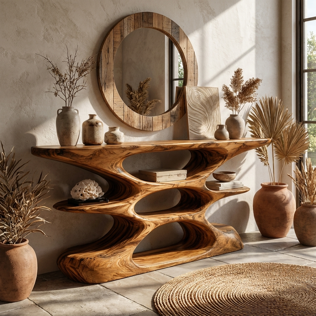 Contemporary Sculptural Wood Console Table With Cutout Shelves For Liv ...