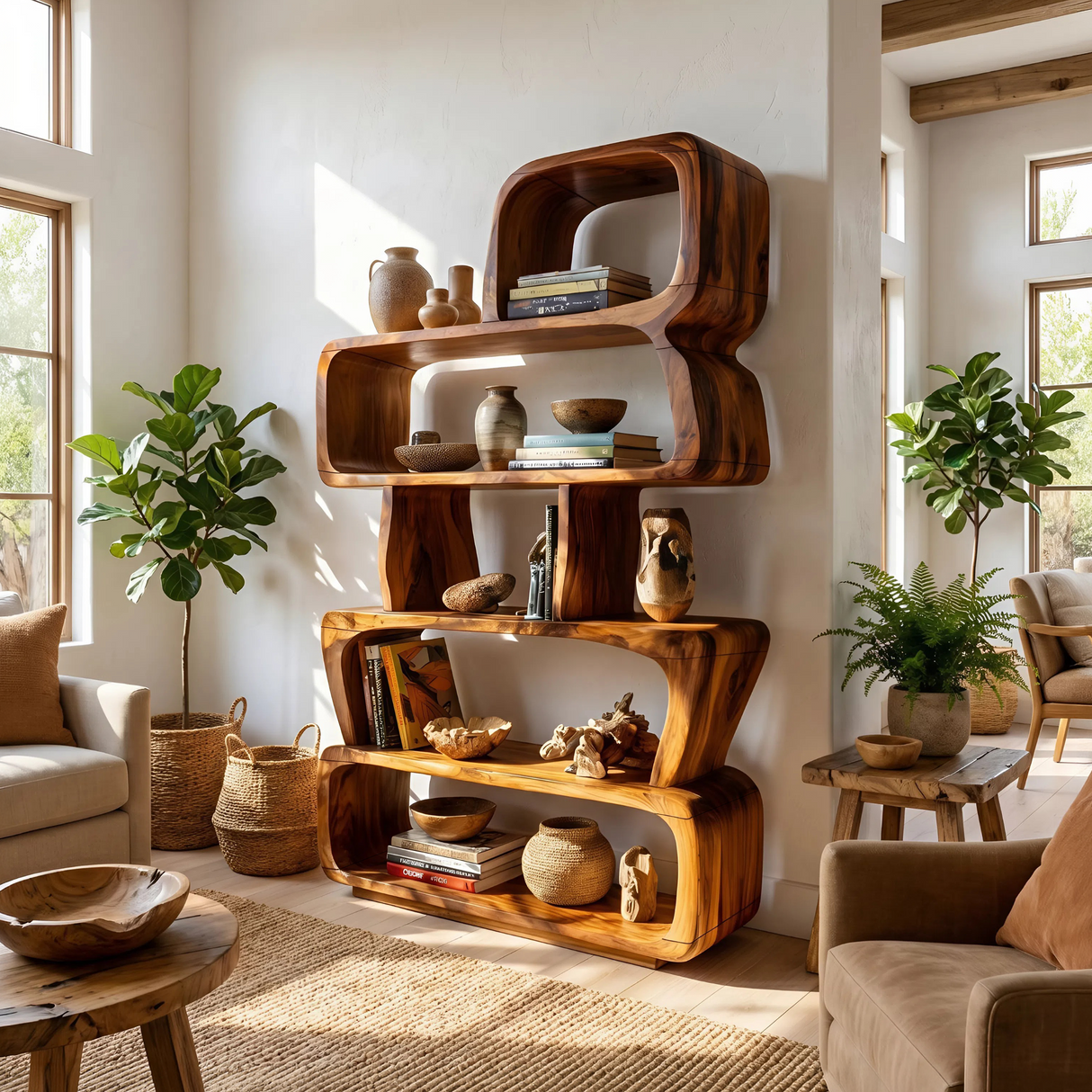 Mid Century Sculptural Bookshelf Storage Organizer For Home Office