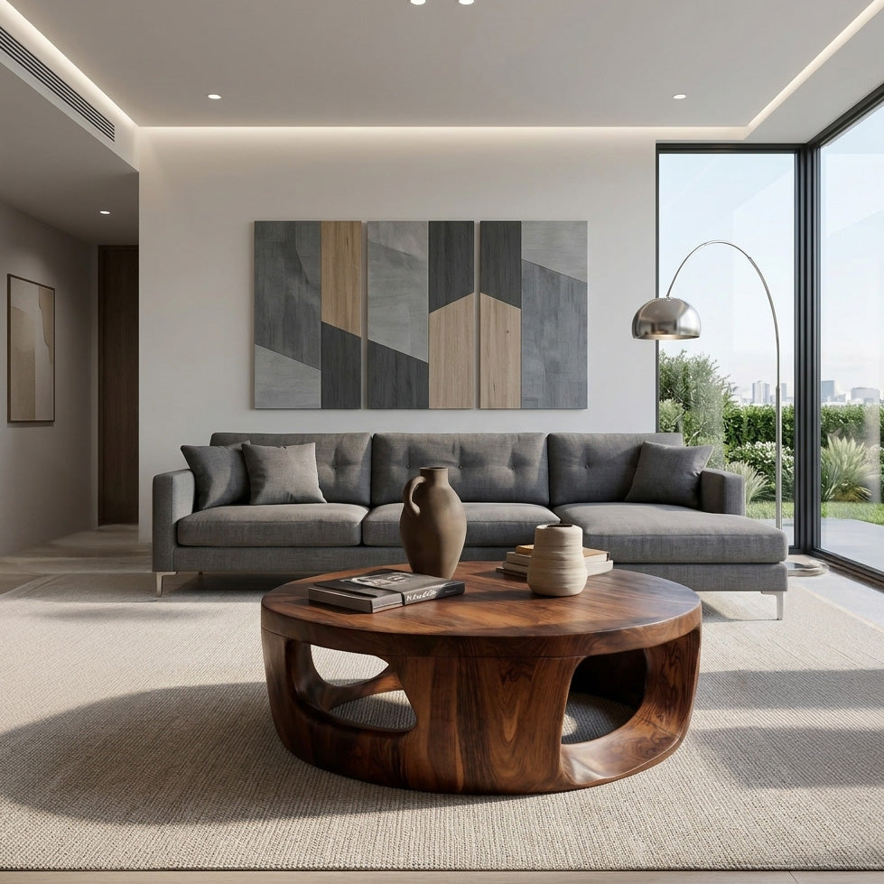 Contemporary Round Coffee Table With Open Cut Base For Living