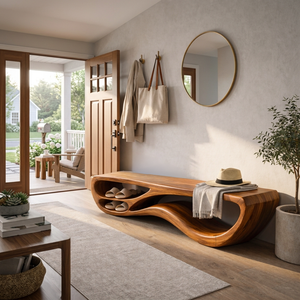 Sculptural Natural Wood Bench With Integrated Shelving For Hallway