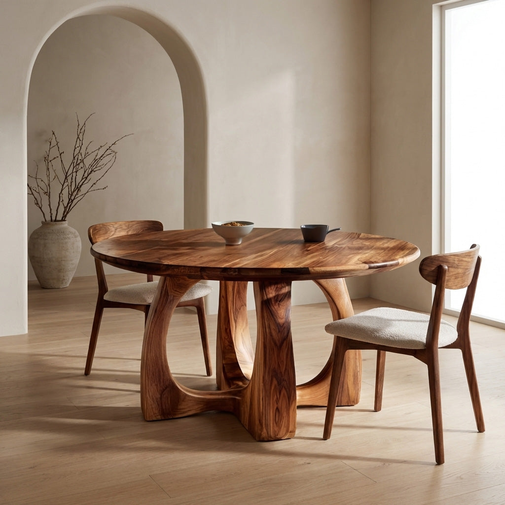 Wooden Round Dining Table With Artistic Base For Dining Room