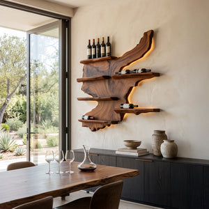 Rustic Live Edge Wine Rack Shelf With LED For Bar