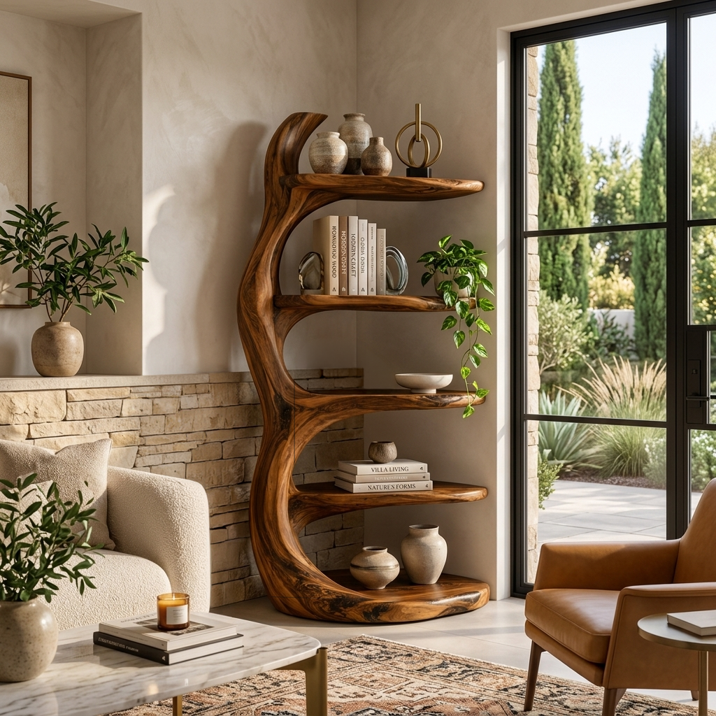 Modern Wooden Bookshelf Biomorphic For Luxury Living Room