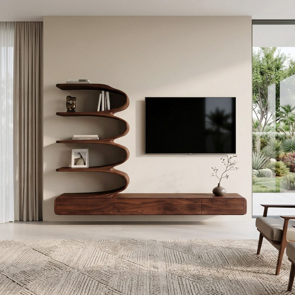Minimalist Curved TV Console With Drawers For Living Design