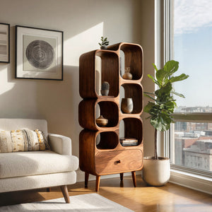 Modern Wood Bookshelf With Open Compartments For Living Decor