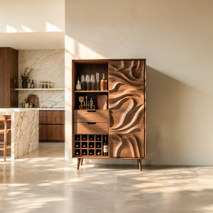 Sculptural Bar Cabinet With Wave Carved Doors For Kitchen
