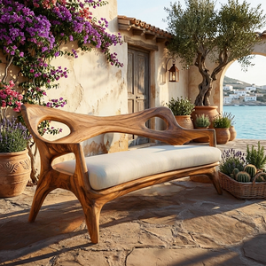 Wooden Sofa With Curved Sculptural Backrest For Living Room