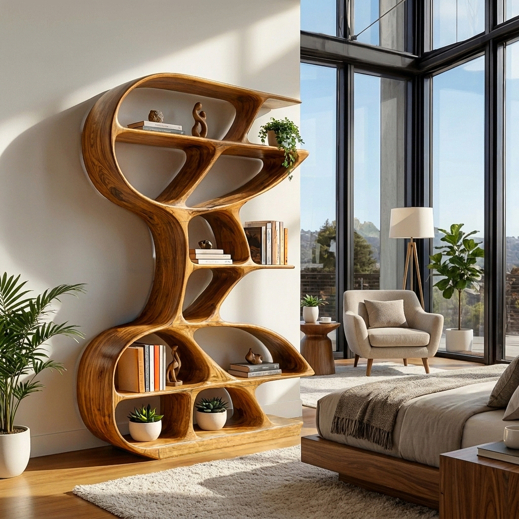 Wooden Bookshelf Unique Sculptural Design For Modern Living Room