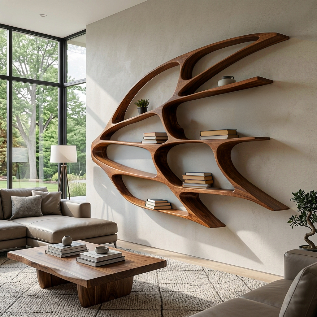 Organic Wooden Wall Mounted Bookshelf For Home Living