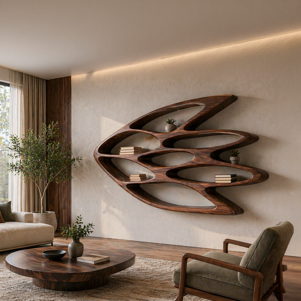 Wooden Wall Bookshelf With Unique Shape For Living Room Wall