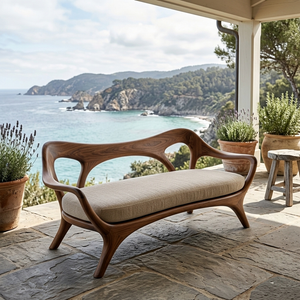 Statement Wooden Sofa With Curved Backrest For Living Decor