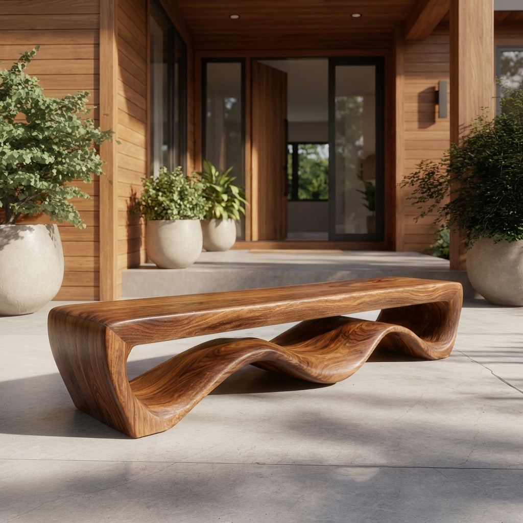 Modern Wooden Bench With Flowing Base For Hallway