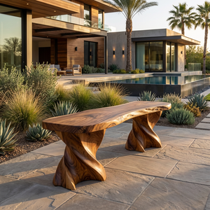 Contemporary Wooden Bench With Twisted Base For Home Living