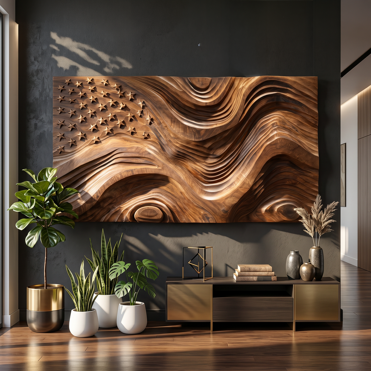 Rustic American Flag Wall Panel With Wave Relief For Living Room