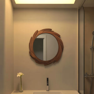 Artistic Round Wall Mirror With Carved Frame For Bathroom And Entryway