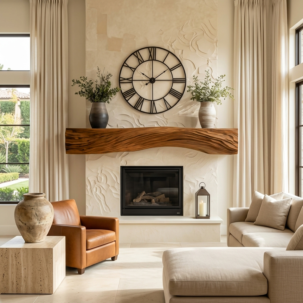Rustic Fireplace Mantel With Sculptural Carved Design For Home