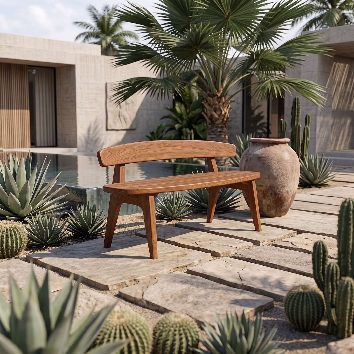 Organic Outdoor Bench With Curved Backrest For Patio