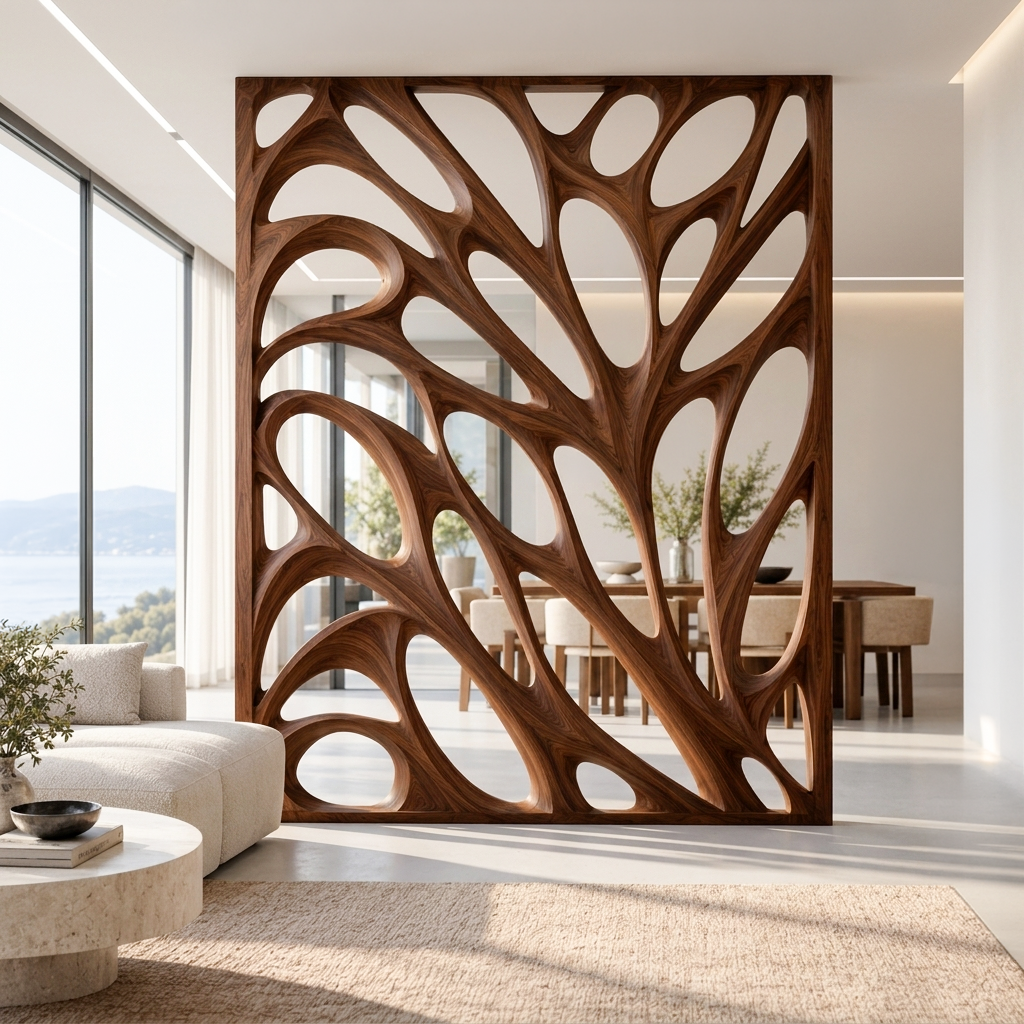 Organic Room Divider with Branch Cutouts for Open Interiors