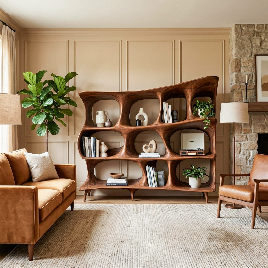 Organic Carved Bookshelf For Living Room Or Office Storage