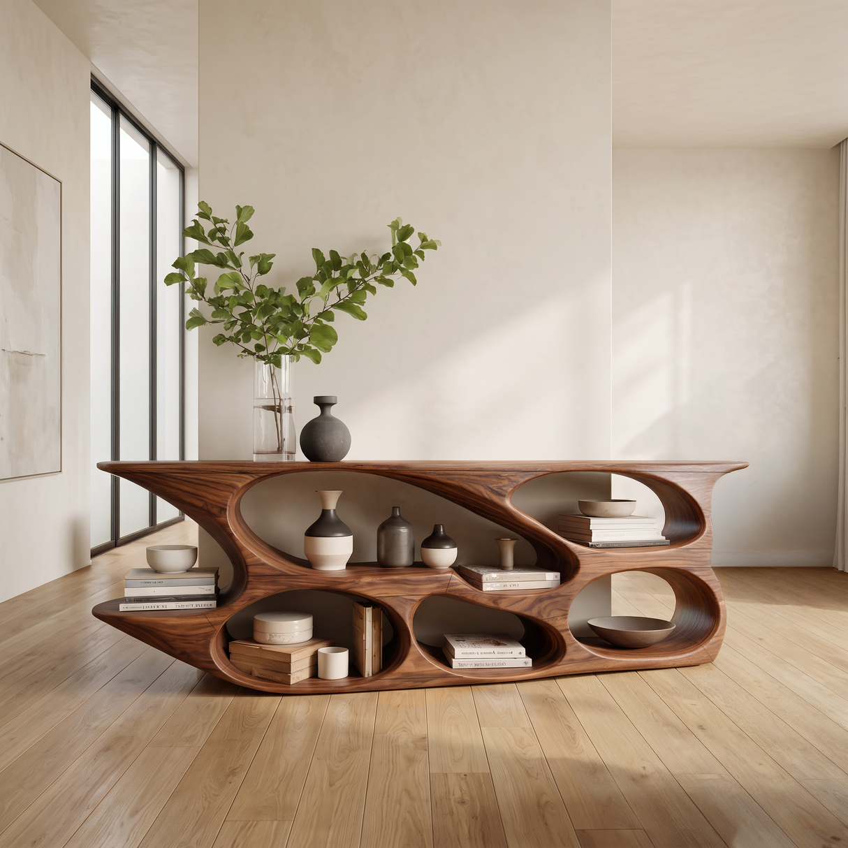 Sculptural Wood Bookshelf Curved Design For Living Room