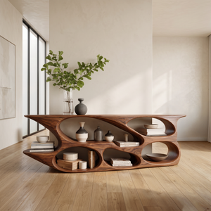 Sculptural Wood Bookshelf Curved Design For Living Room