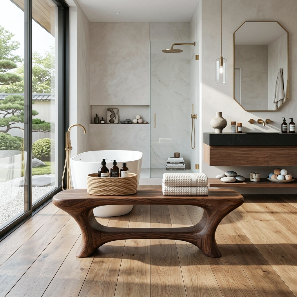 Modern Organic Bathroom Seat With Center Shelf For Bathroom