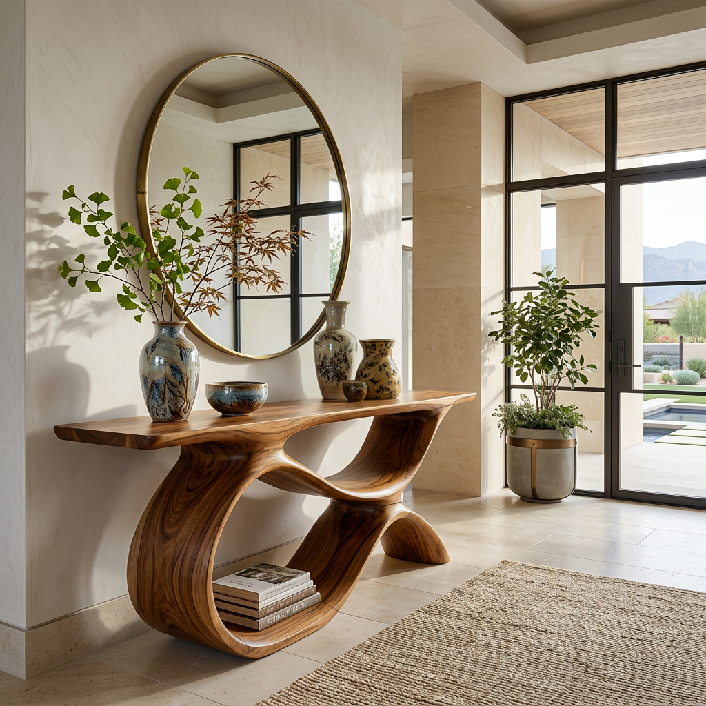 Modern Wooden Console Table With Curved Open Storage For Home