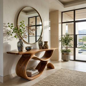 Modern Wooden Console Table With Curved Open Storage For Home