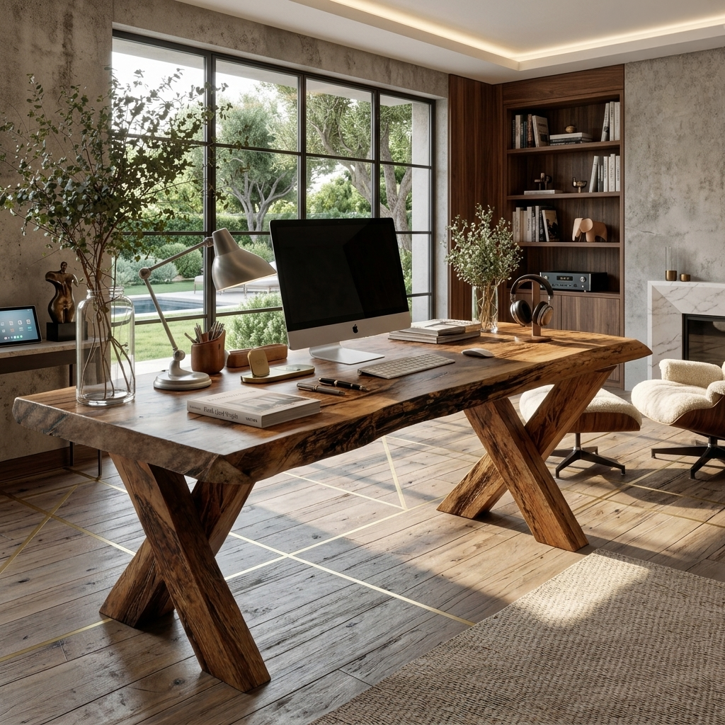 Rustic Live Edge Desk With X Legs For Home Office