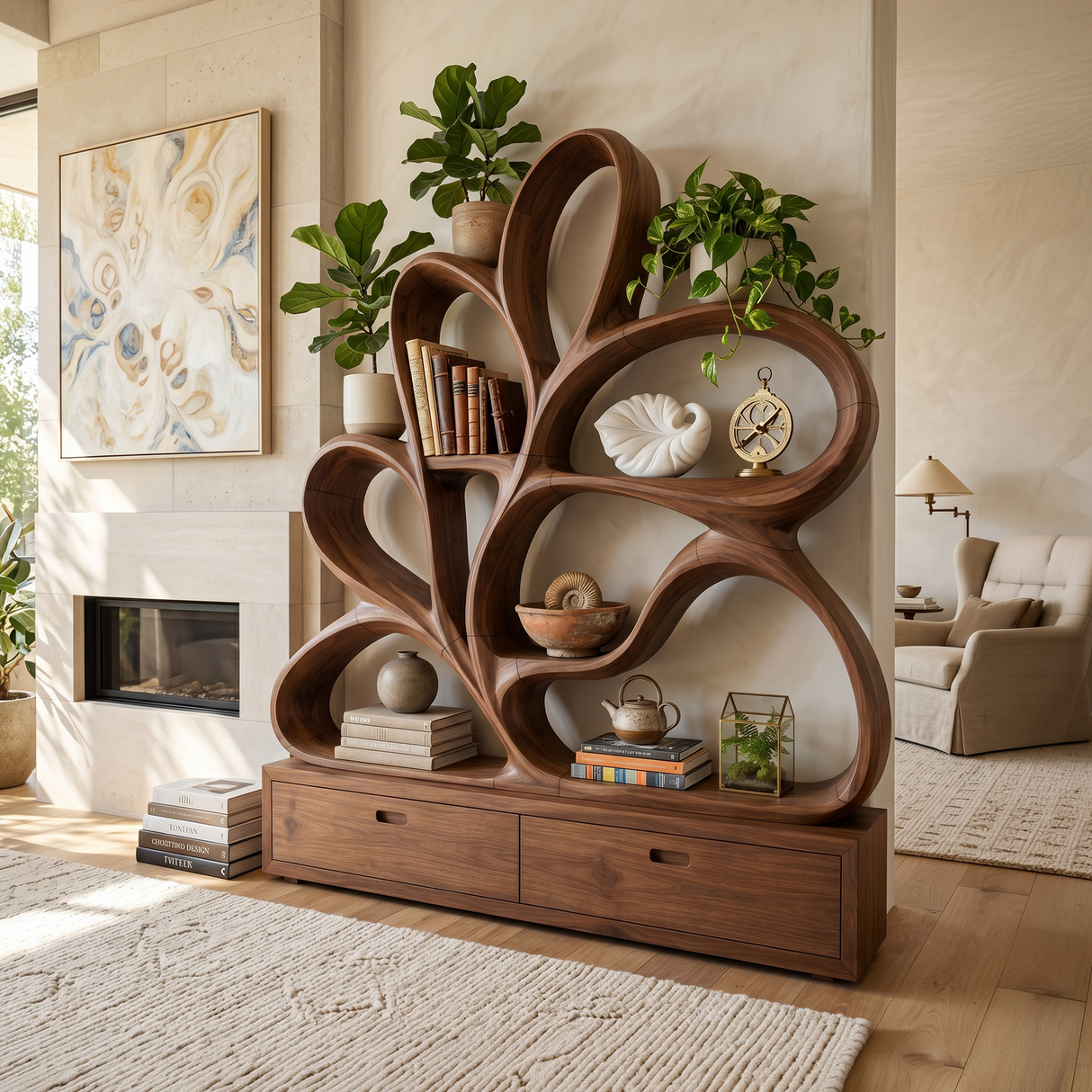 Organic Curved Bookcase For Modern Living Room