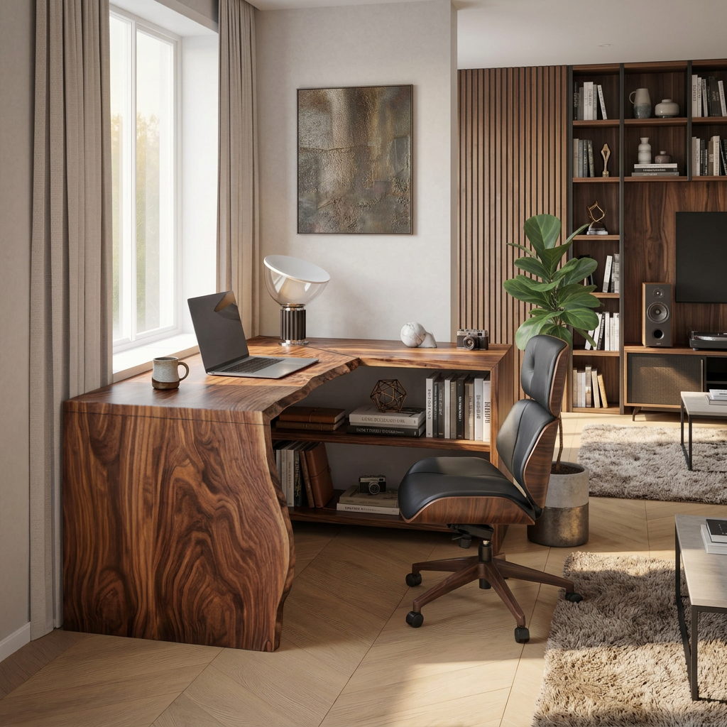 Modern L Shaped Wooden Desk With Bookshelf For Home Office Or Study