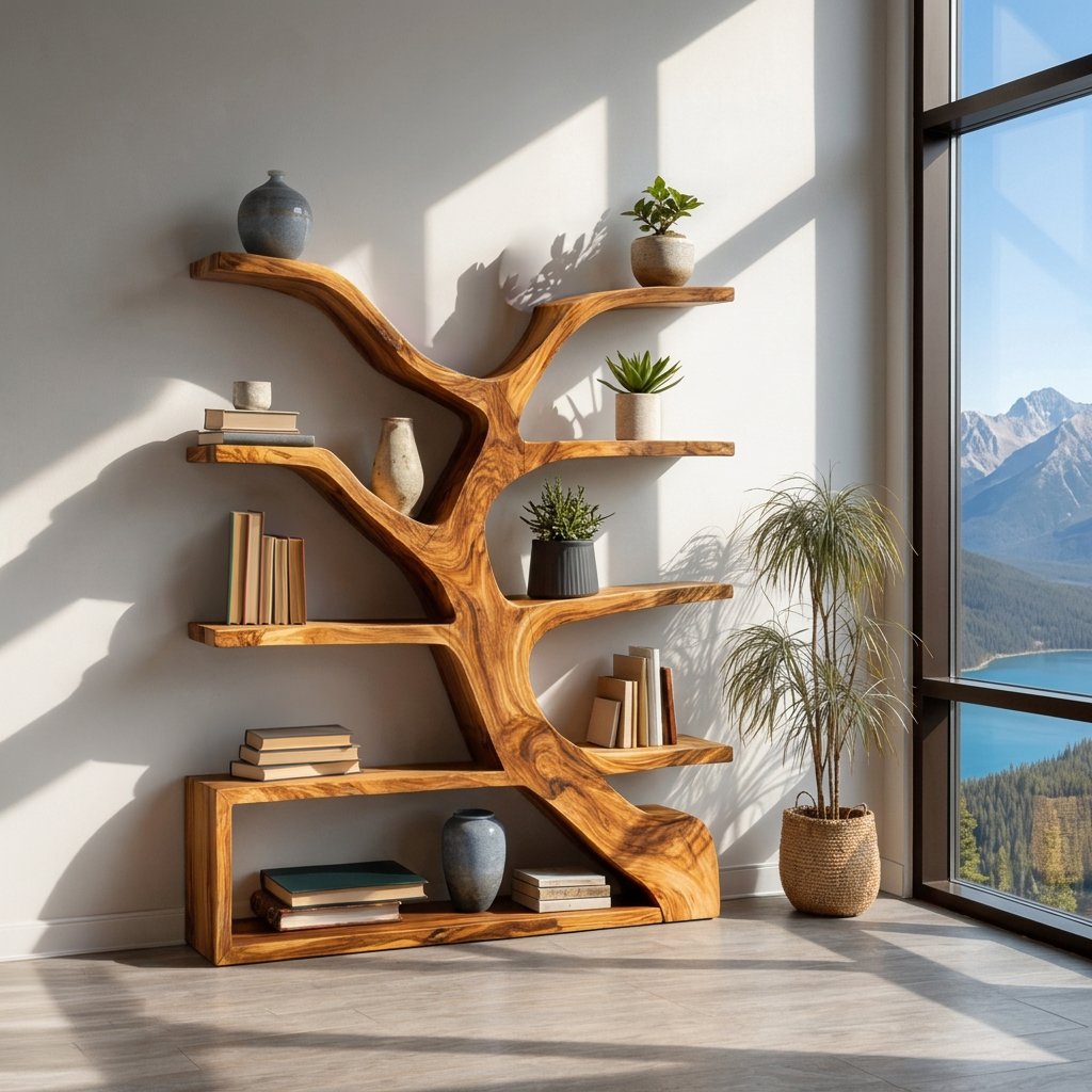 Organic Wooden Bookshelf Branch Form For Home Interior