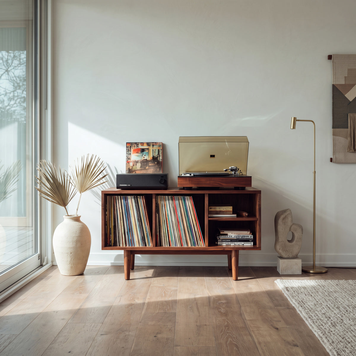 Minimalist Record Cabinet With Four Open Shelves For Interior