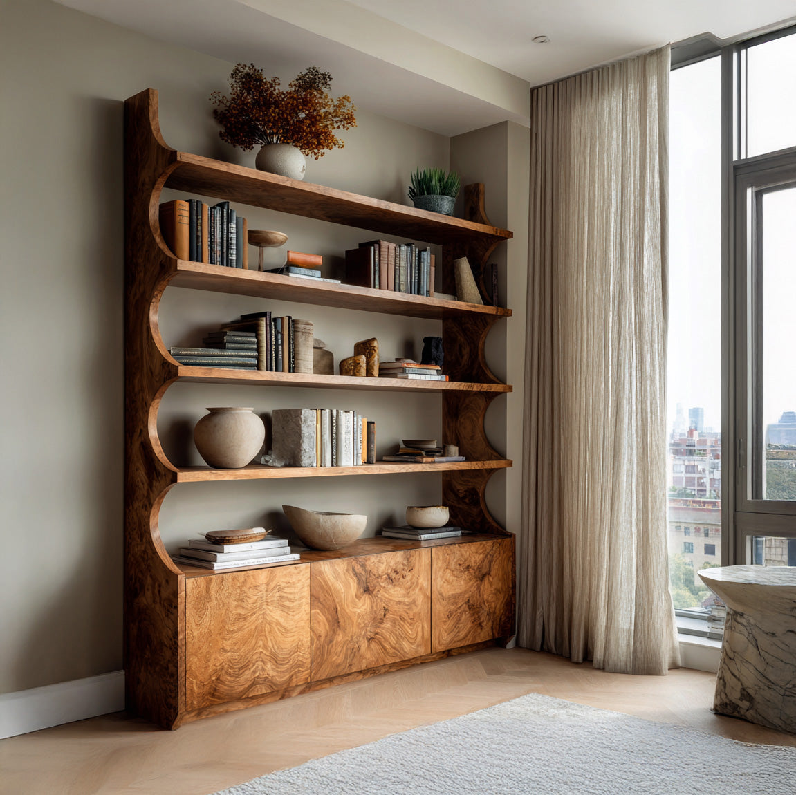Organic Wooden Bookshelf With Curved Edges For Living Storage
