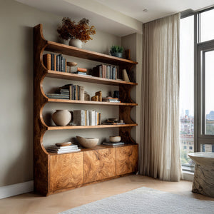 Organic Wooden Bookshelf With Curved Edges For Living Storage