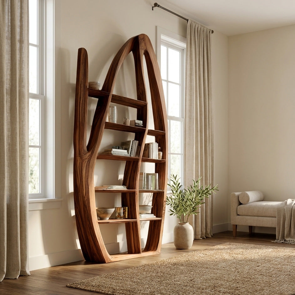 Organic Style Sculptural Wooden Bookshelf For Living Room