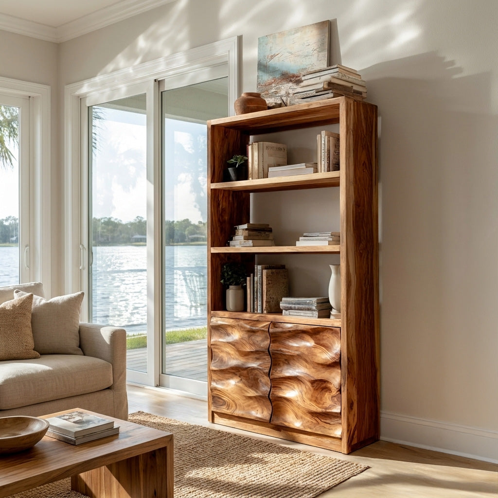 Minimal Wooden Bookshelf With Wavy Drawer Front For Home