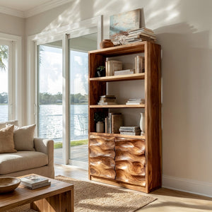 Minimal Wooden Bookshelf With Wavy Drawer Front For Home